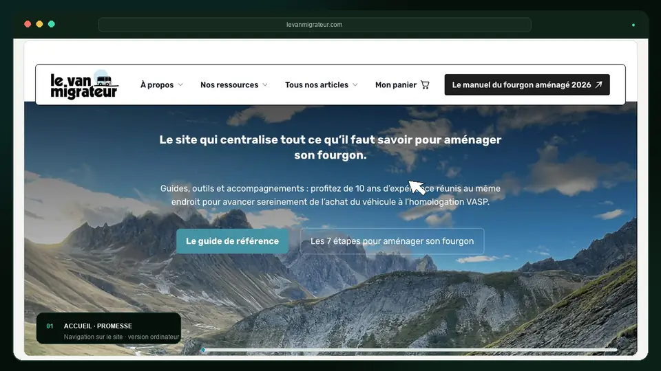 Navigation animée sur la version ordinateur du site Le Van Migrateur